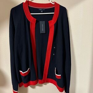 Blue and Red Cardigan Open Front with Pockets